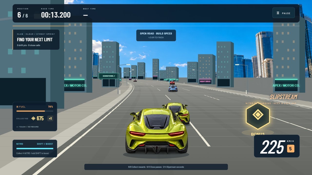 A yellow supercar racing rivals on a city expressway in APEX RUSH