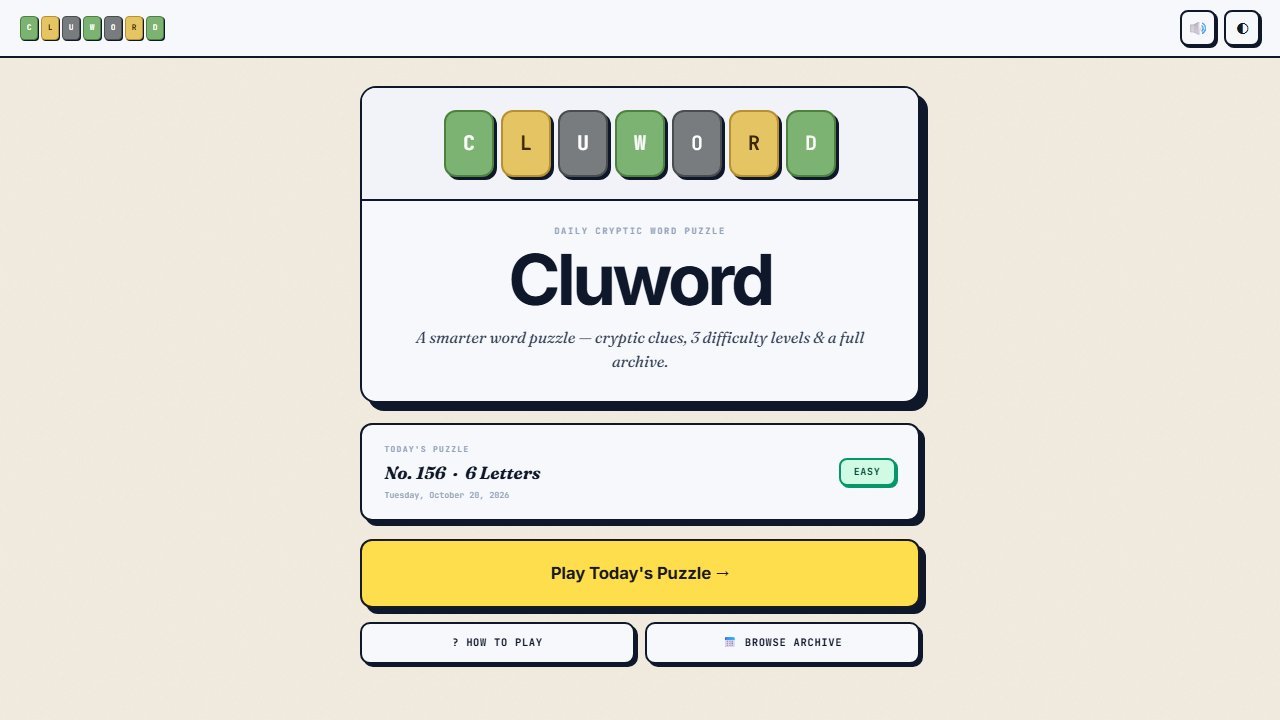 The Cluword start screen with today's puzzle