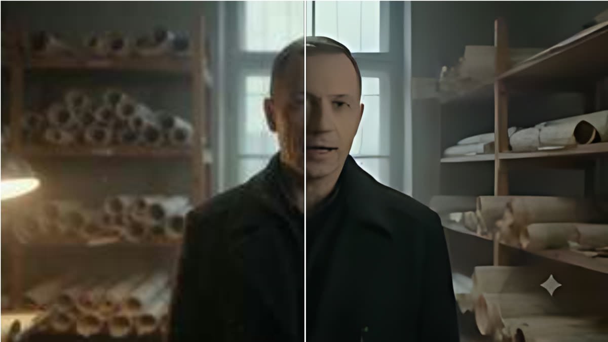 Before and after: a blurry original beside the sharper AI-upscaled version
