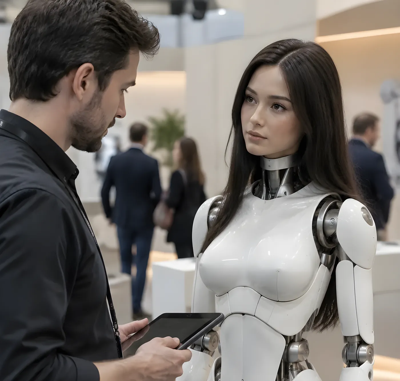 A man with a tablet inspects a humanoid robot at a technology expo