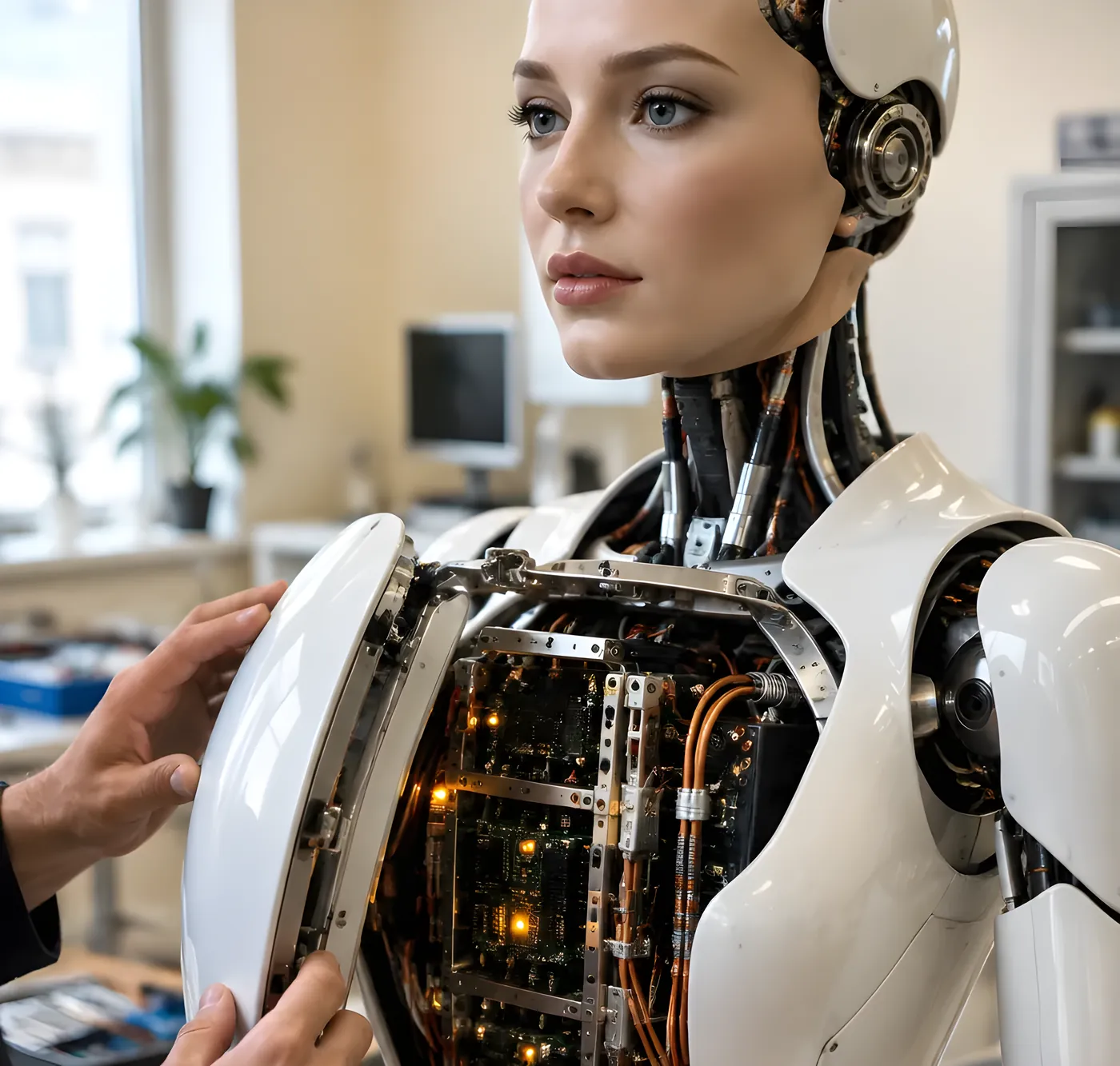 A technician opens the chest panel of a humanoid robot to show its circuit boards