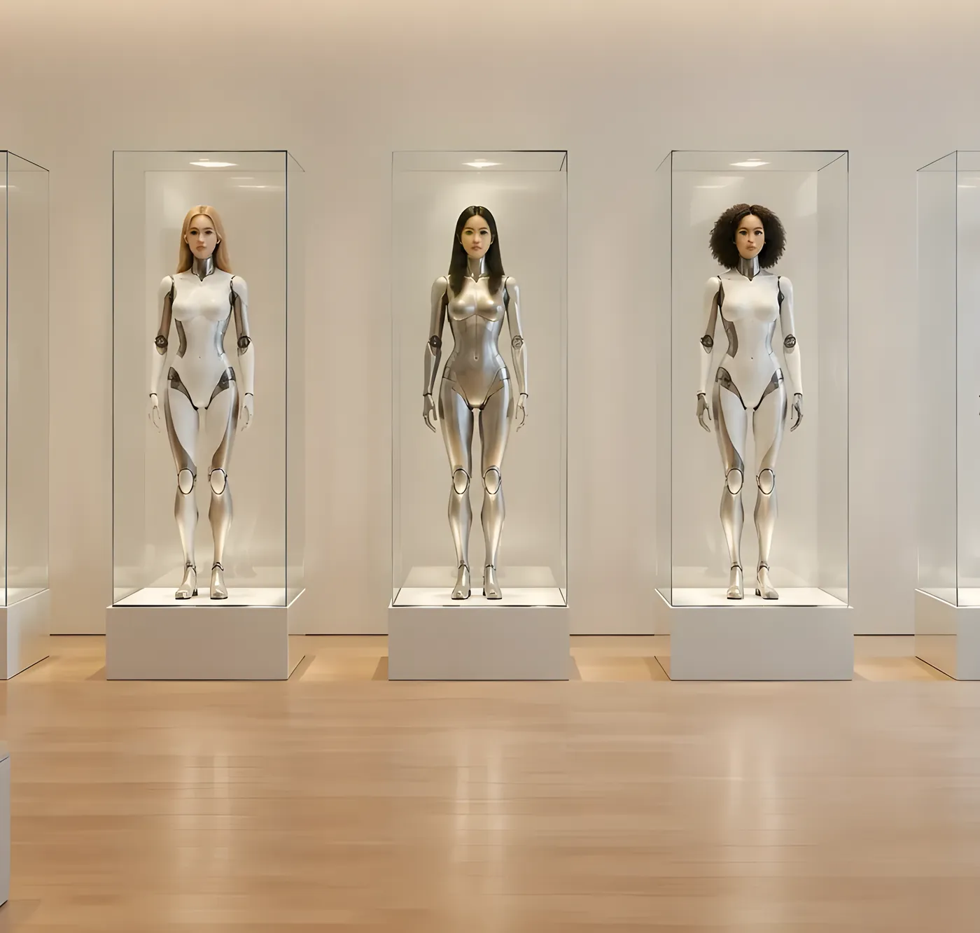 Humanoid robots on display in glass cases in a bright showroom