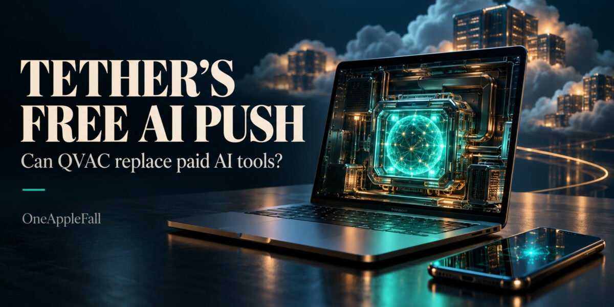 Conceptual illustration of a laptop and phone processing AI locally, with cloud servers in the background.
